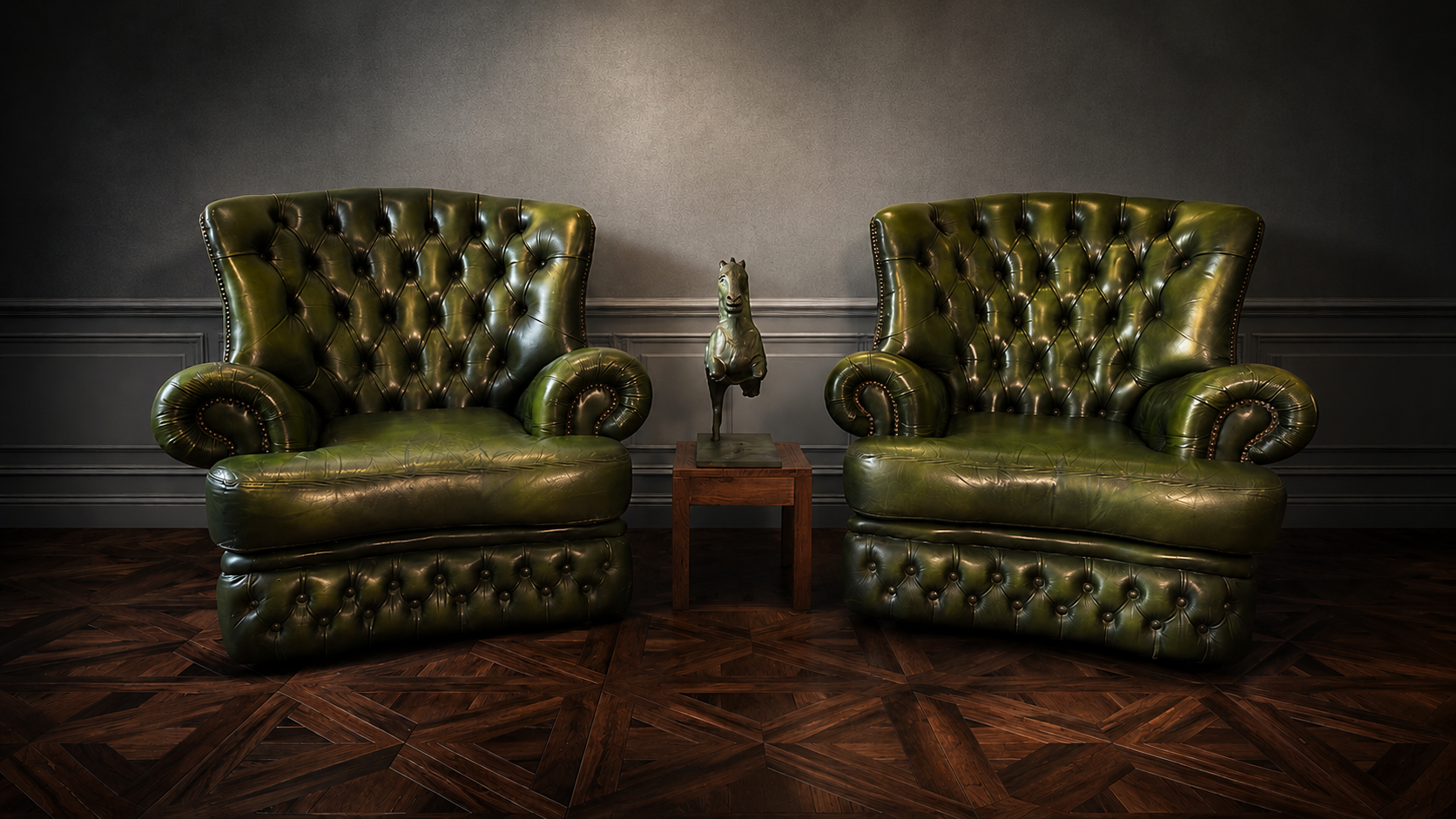 PAREJA DE BUTACAS CHESTERFIELD CLUB EN PIEL VERDE OLIVA - Imagen 11
