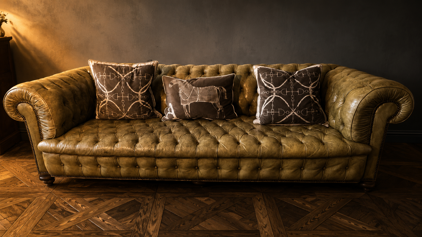 Sofá Chesterfield de cuero con pátina miel olivada - Imagen 4