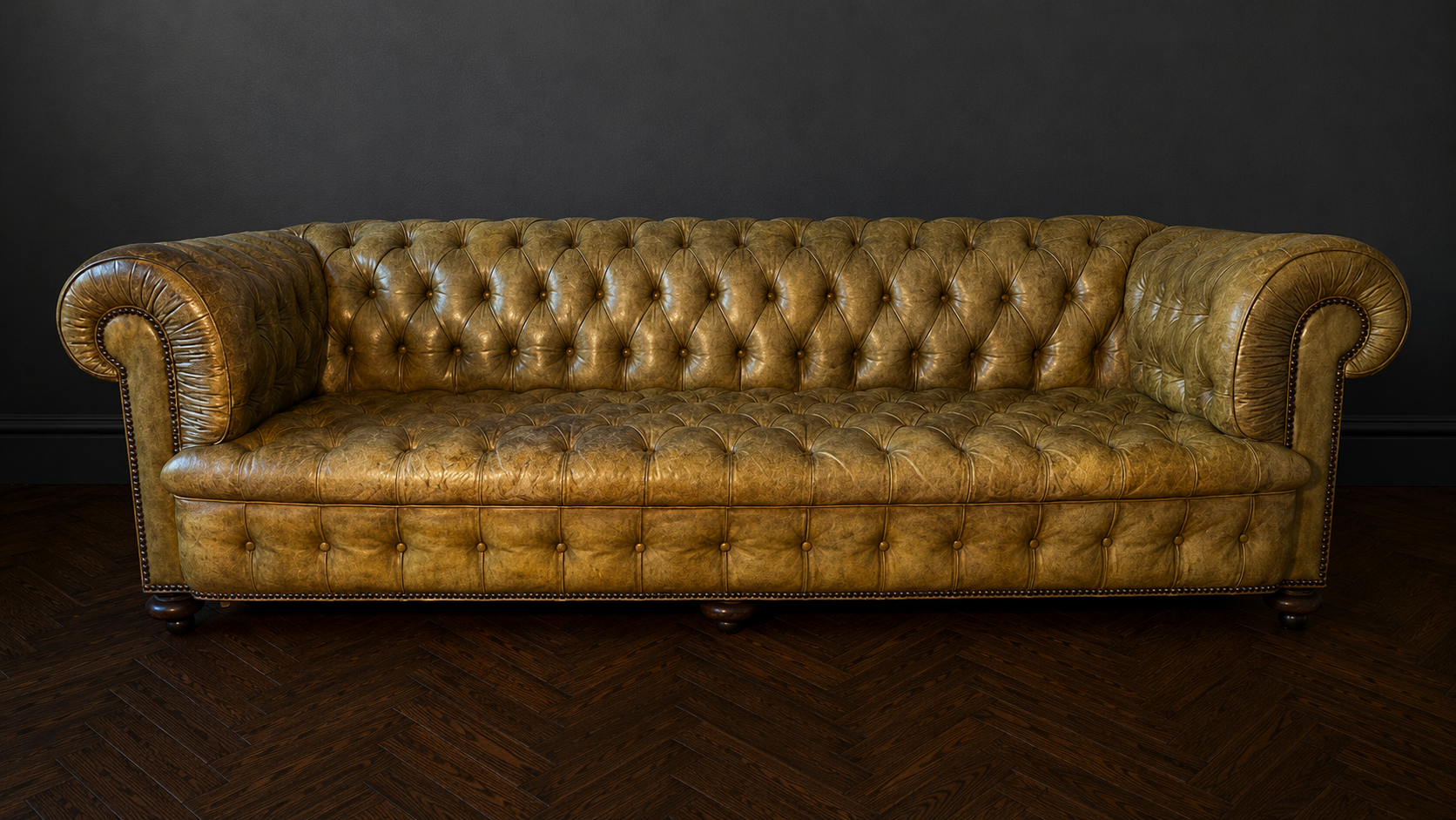 Sofá Chesterfield de cuero con pátina miel olivada - Imagen 5