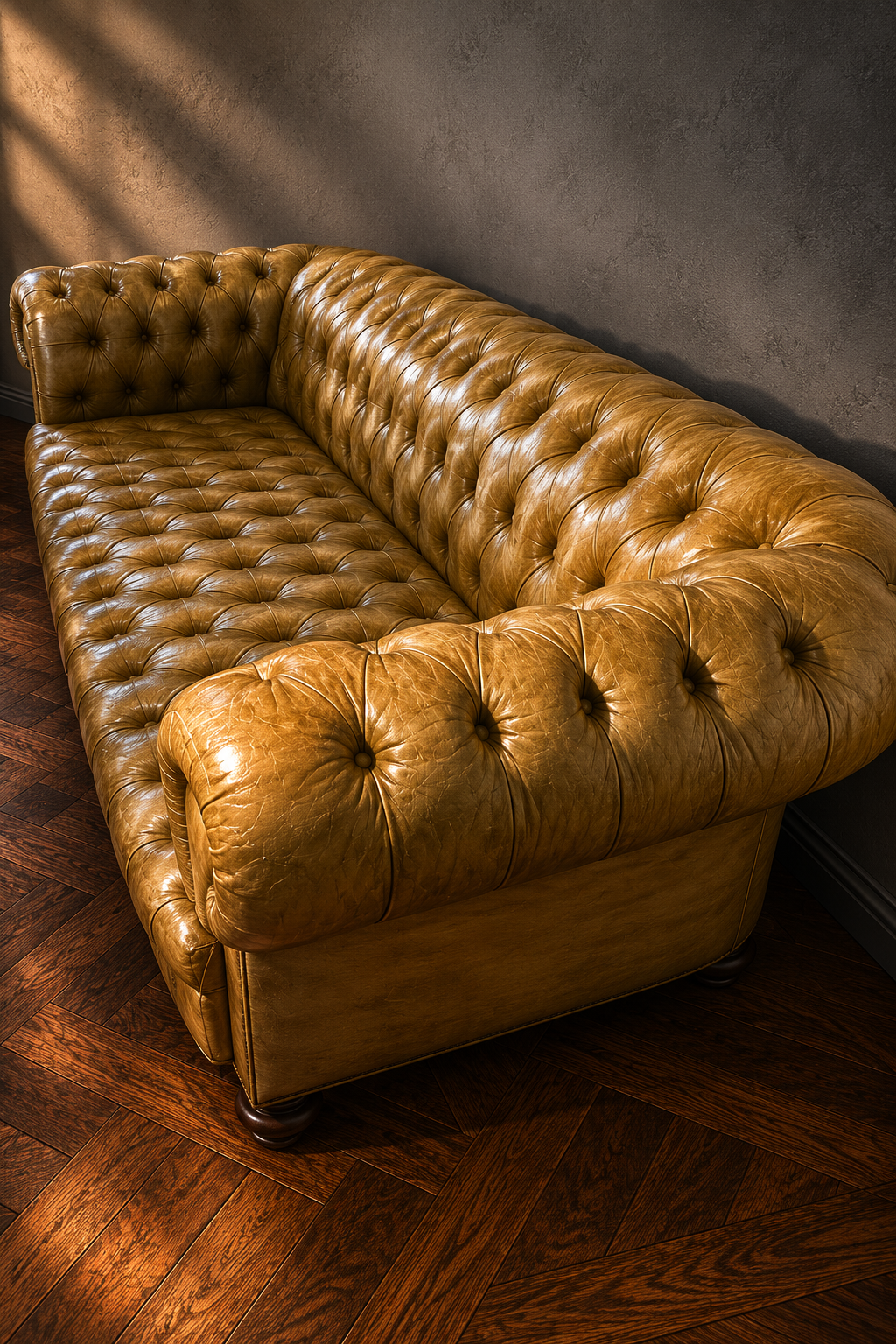 Sofá Chesterfield de cuero con pátina miel olivada - Imagen 3