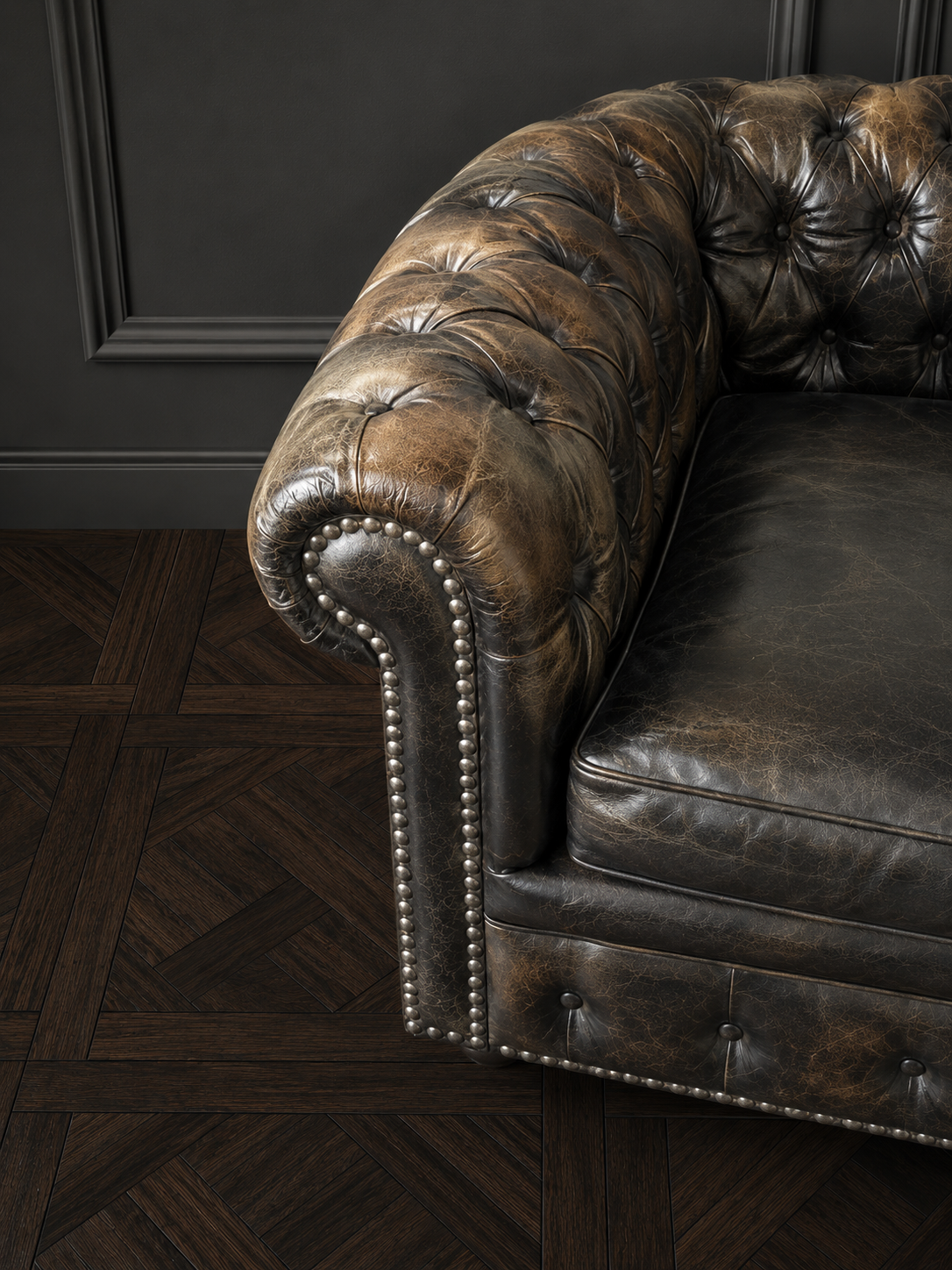 SOFA CHESTERFIELD EN PIEL TONOS VERDES Y COÑAC - Imagen 4