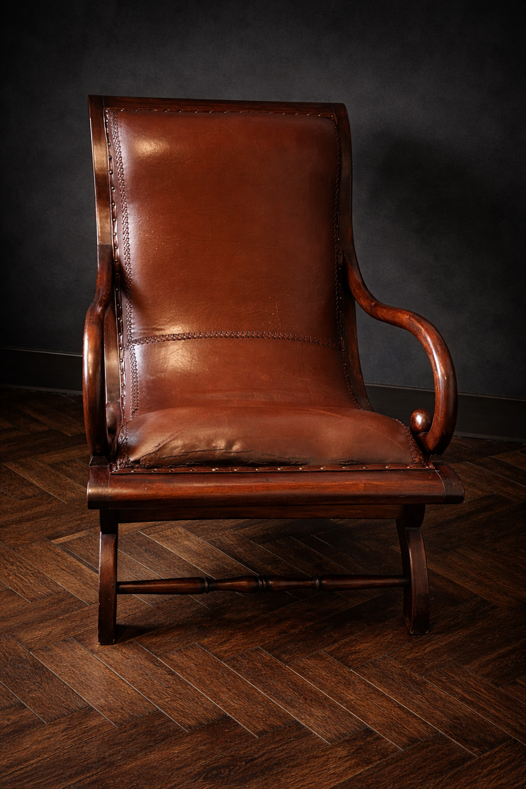 SILLON SAFARI COLONIAL EN PIEL Y MADERA CAHOBA