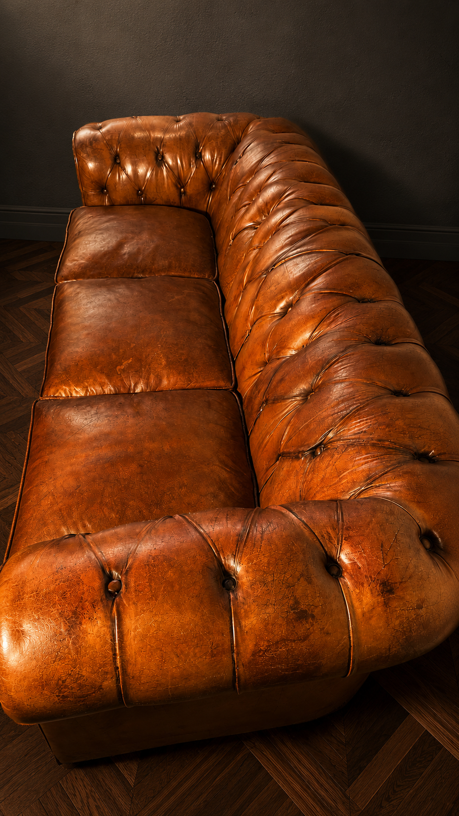 Sofá Chesterfield inglés de cuero miel con muelles tradicionales - Imagen 6