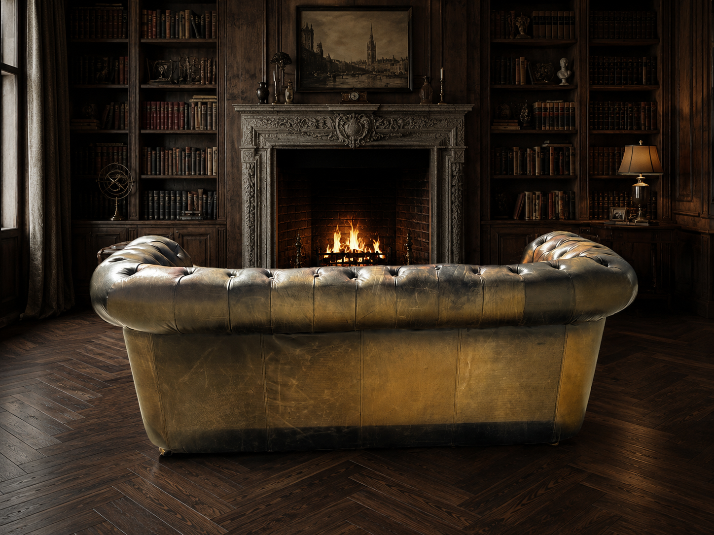 SOFA CHESTERFIELD EN PIEL TONOS VERDES Y COÑAC - Imagen 6