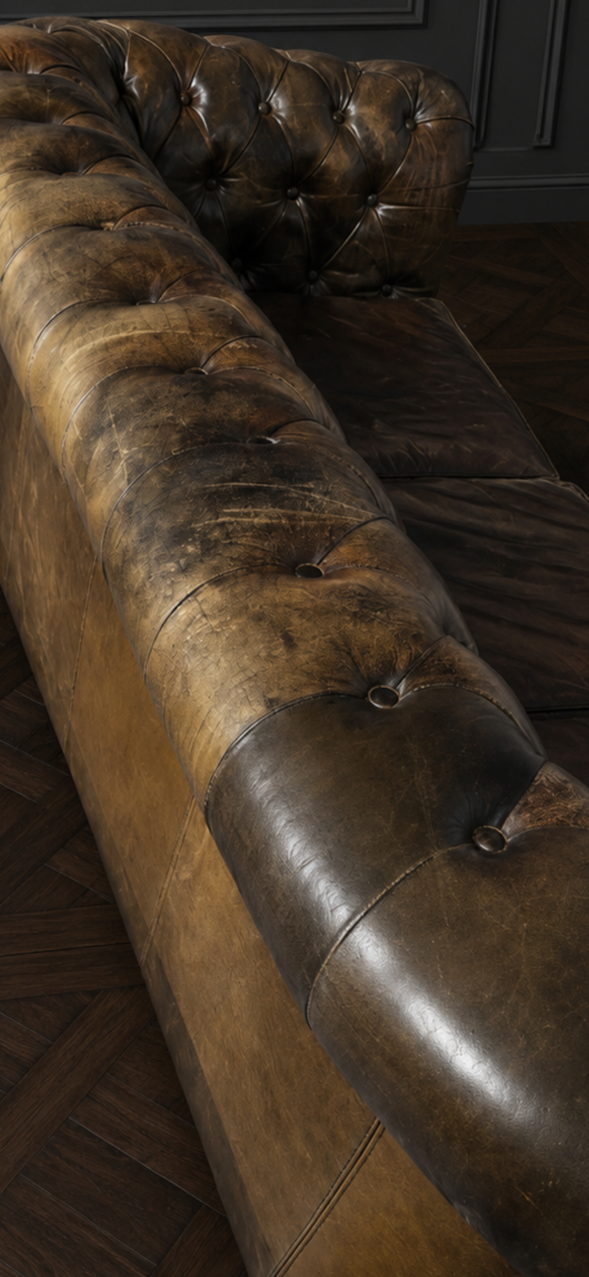 SOFA CHESTERFIELD EN PIEL TONOS VERDES Y COÑAC - Imagen 7