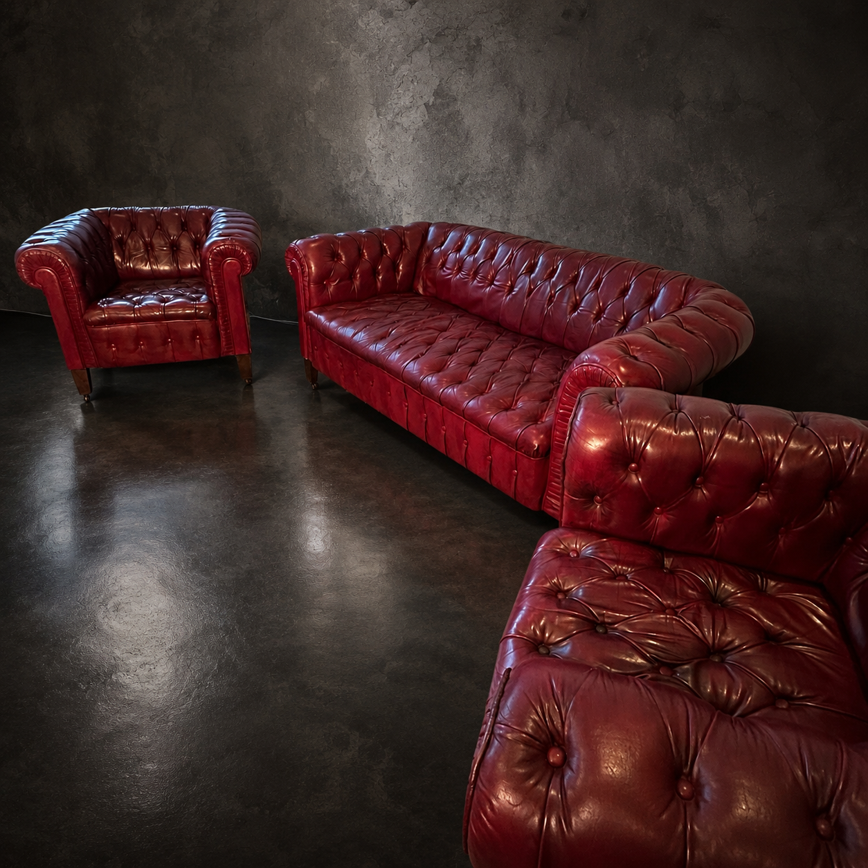 CONJUNTO SOFA Y BUTACAS CAPITONE COMPLETO ROJO BURDEOS - Imagen 2