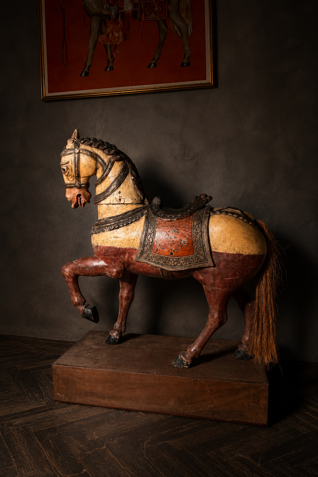 CABALLO CEREMONIAL INDIO EN MADERA POLICROMADA FINALES SIGLO XIX - Imagen 4