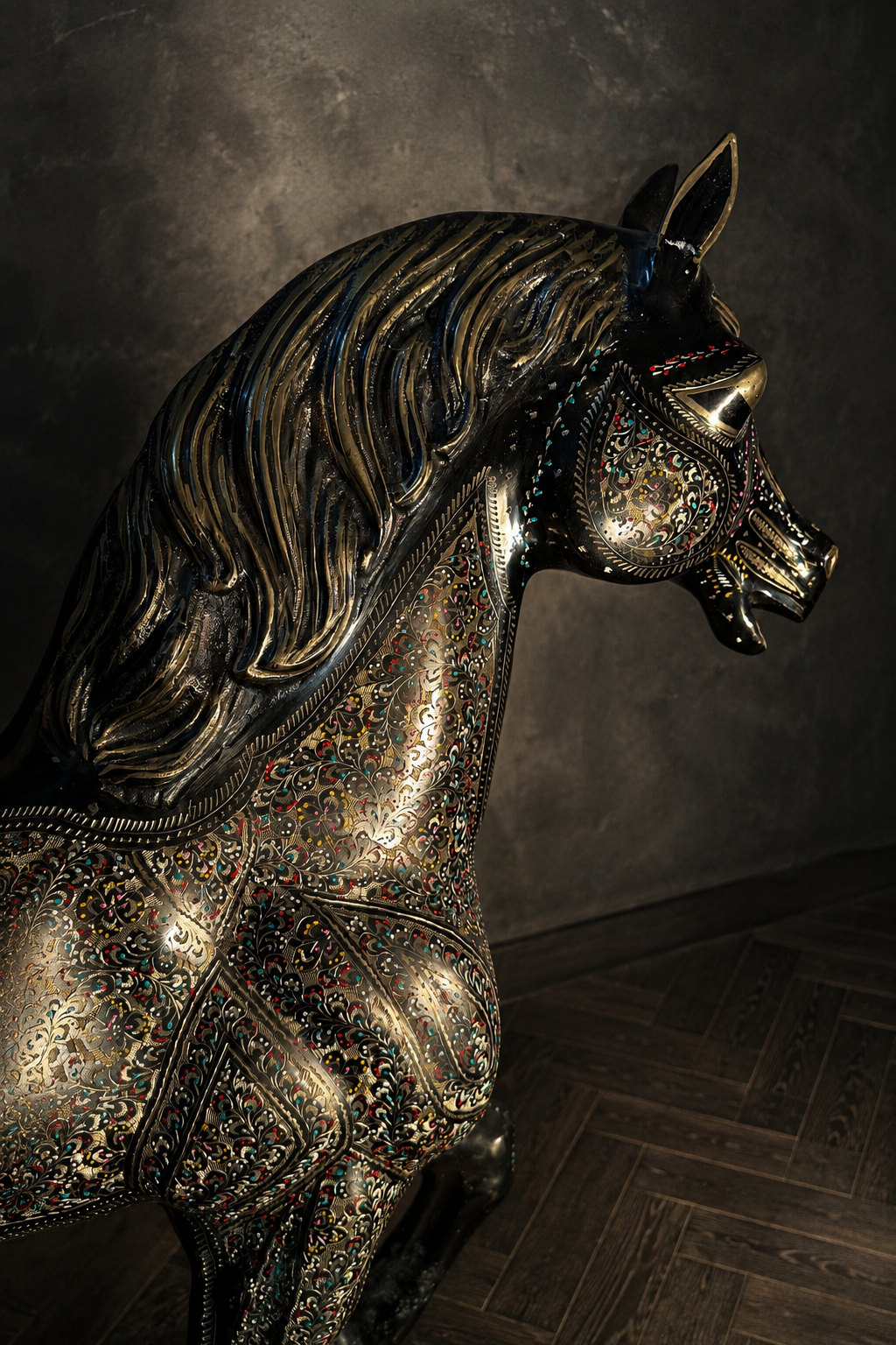 GRAN CABALLO INDO-PERSA EN METAL · TRABAJO ARTESANAL POLICROMADO - Imagen 4