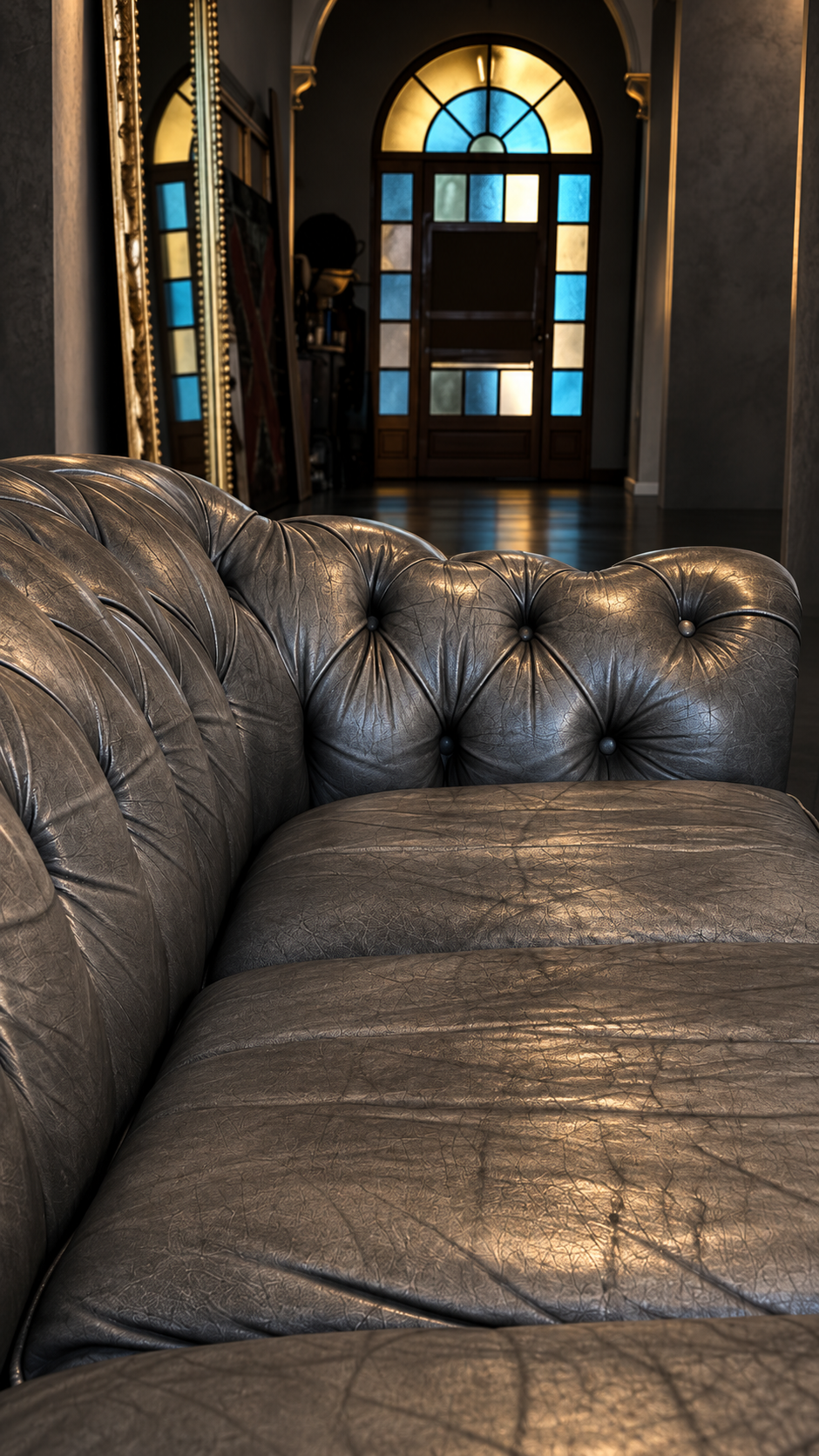 SOFA CHESTERFIELD EN PIEL GRAFITO PATINADA - Imagen 6