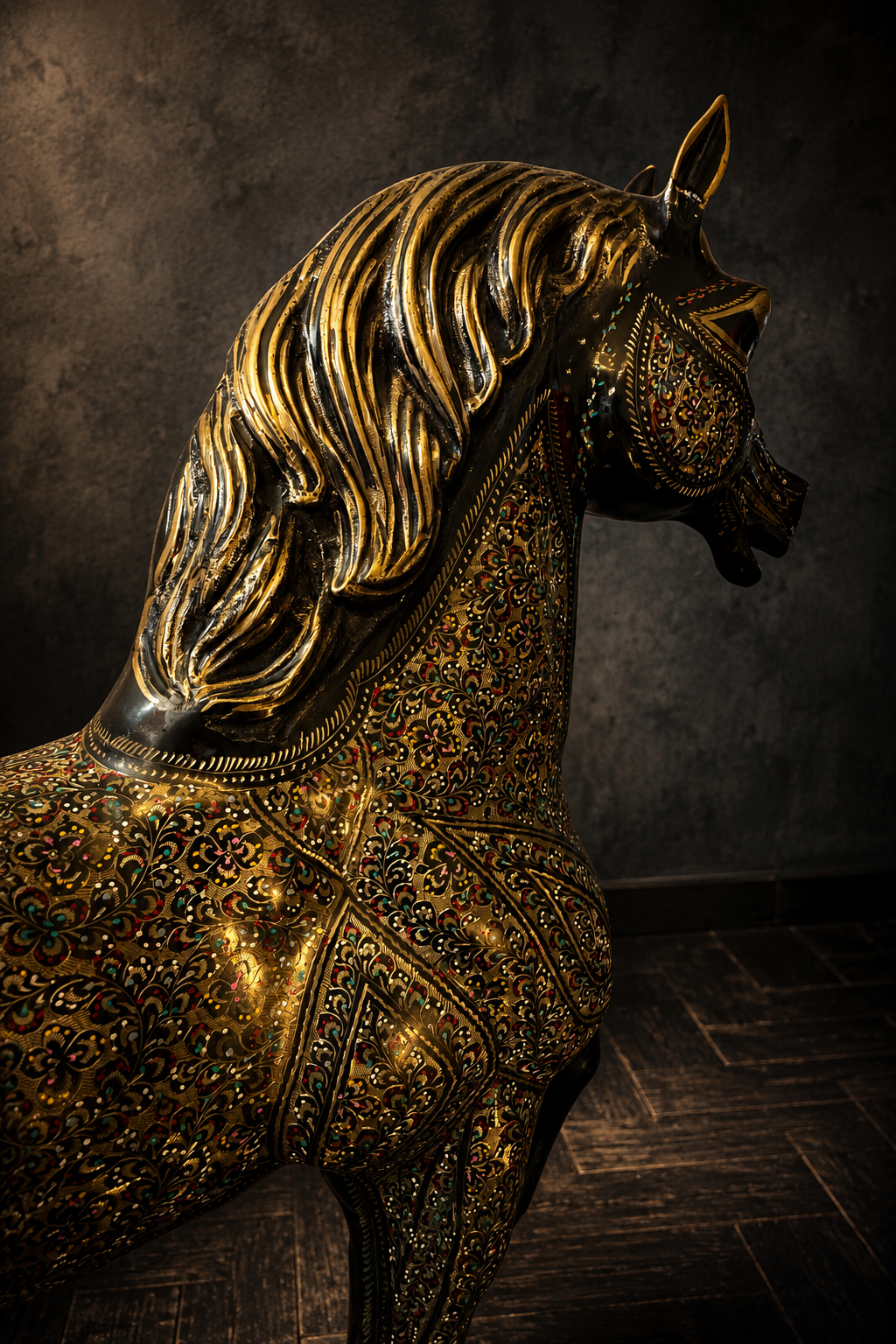 GRAN CABALLO INDO-PERSA EN METAL · TRABAJO ARTESANAL POLICROMADO - Imagen 2